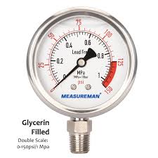 MEASUREMAN Lead-Free Glycerin Filled Reverse Osmosis Pressure Gauge – 2-1/2" Dial, 1/4" NPT Lower Mount, 0-150 psi/MPa